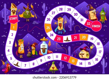 Kids board step game, cartoon Tex Mex Mexican food wizards characters, vector tabletop puzzle. Dice race step game or start and finish kids quiz with burrito sorcerer, taco warlock and tequila mage