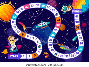 Kids board step game with kid astronaut and space planets. Vector boardgame worksheet with snake path, numbers and cartoon cosmonaut character on rocket, ufo and alien. Educational children riddle