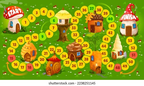 Kids boardgame with mushroom, acorn, carrot, beehive, snail and shell houses. Vector step board game with numbered snake path, walk puzzle for family or children activity. Dice riddle with fairy homes