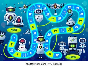 Kids boardgame with robots and droids, vector step board game with cute ai cyborgs, block path, numbers, start and finish. Cartoon educational child riddle worksheet with android futuristic characters
