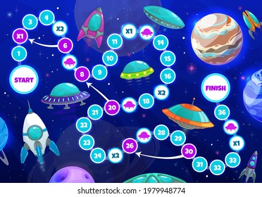 Kids boardgame with spaceships and planets. Vector step board game with path, ufo saucers in space, numbers, start and finish. Children riddle or task for leisure activity with cartoon alien ships