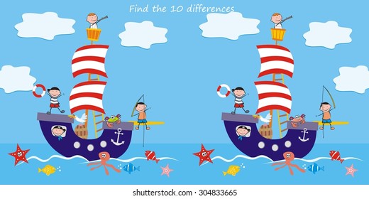 kids at boat, find ten differences, vector illustration on blue background