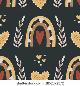 Kids bohemian vector seamless pattern with heart and rainbow. Hand drawn ethnic boho illustration in scandinavian style. Nursery print on a black background.