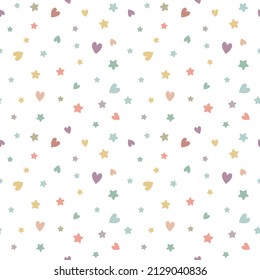 Kids boho pastel pattern with stars, hearts. Baby boho background. Nursery wall art, baby textile, printable paper. Isolated on white background.