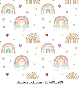 Kids boho pastel rainbow pattern with coluds, rain. Baby boho background. Nursery vector seamles pattern. Nursery wall art baby textile printable paper. Isolated on white background.