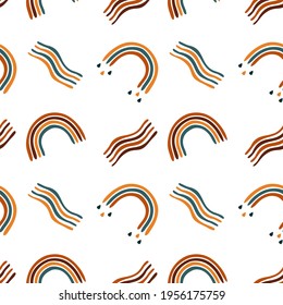 Kinder boho Regenbogenmuster mit abstrakten bunten Bögen. Babyböhmischer Hintergrund in warmen Farben. nahtloses Muster für Vektorgrafik