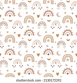Los niños boho patrón arcoiris lindos arcos pastel, luna, estrellas, flores en tono de tierra. El fondo pastel es el boho bebé.