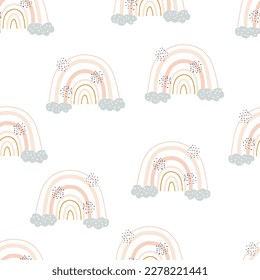 Kid's boho style various shapes rainbows and flowers vector seamless pattern. Cute illustration for kids' room design, Wallpaper, textiles, wrapping paper, and apparel.
