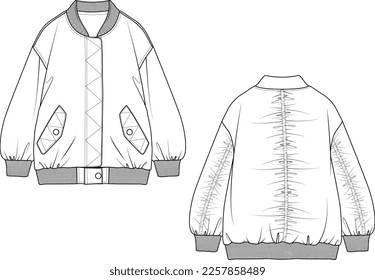 Chaqueta de bombardero para niños con detalles de roce dibujo técnico, CAD de moda, plantilla, sketch, plano. Chaqueta de bombardero con vista frontal y trasera. 