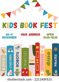 Kids book fest poster for advertising. Vertical poster for kids book festival with different books for children. Advertising template for bookstore,bookshop, library.