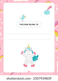 Kids book page Belongs to template with Unicorn. Vector illustration.