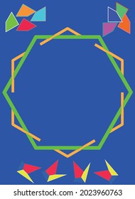 Kid's book page vector hexagonal frame and design objects with blue background.  Place for text.