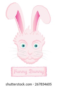 Kids book picture. Vector cartoon fluffy bunny front view isolated on the white backdrop. Stuffed rabbit. Happy Easter.