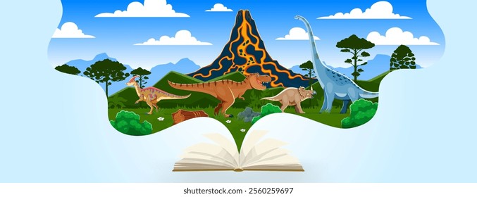 Kids book with prehistoric dinosaurs landscape, cartoon dino animals and volcano. Vector jurassic tyrannosaurus, centrosaurus, titanosauria and parasaurolophus dinosaurs characters coming out of book