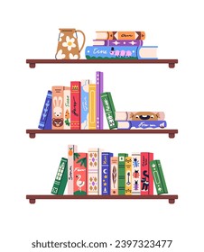 Kids book shelf. Childrens and baby literature row on bookshelf. Fairytales, fiction, childs encyclopedias library for preschool reading. Flat graphic vector illustration isolated on white background.