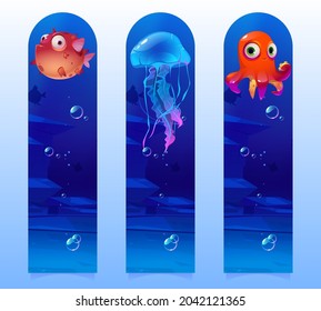 Kids bookmarks with cartoon underwater creatures puffer fish, jellyfish and octopus in sea or bottom. Ocean animals with cute faces and big eyes, marine characters, Cartoon vector vertical banners set