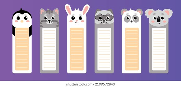 Kids bookmarks set. Collection of school and reading supplies. Education and development. Penguin, cat, koala, raccoon and hare. Cartoon flat vector illustrations isolated on violet background