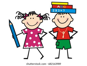 Kids and books and crayon, funny illustration, vector icon