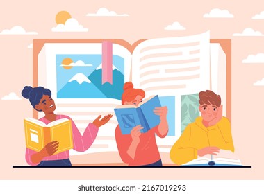 Kids with books. Friends read and chat, students or schoolchildren in class prepare their homework. Useful hobbies, love of literature, learning and self development. Cartoon flat vector illustration