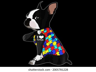 Kids Boston Terrier Dog Tattoo I Love Autism Aware Vintage Vector