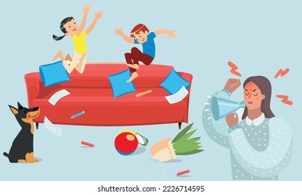 Kids bouncing on the sofa while playing with a ball. Cartoon vector illustration isolated on blue background. Family concept. angry mother.Naughty brother and sister having fun at home.