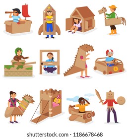 Kids in box vector creative children character playing in boxed house and boy or girl in carton plane or paper ship illustration set of childish package creativity isolated on white background