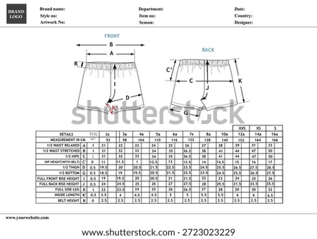 Kids Boxer Shorts Technical Drawing and Measurement Chart details