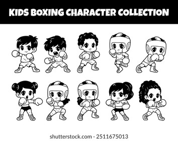 Kids boxing character outline vector illustration set