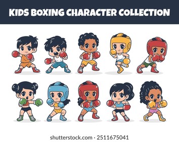 Kids boxing character vector illustration set