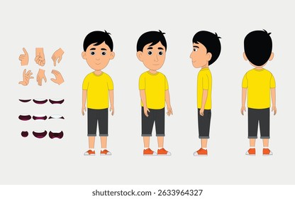 kids boy character constructor for animation. Front, side and back view. Body parts and postures collection. Vector illustration.