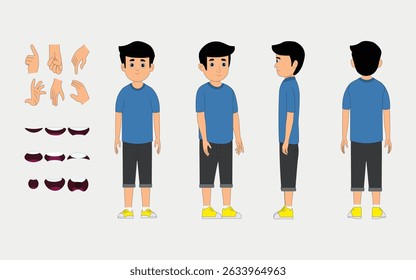 kids boy character constructor for animation. Front, side and back view. Body parts and postures collection. Vector illustration.