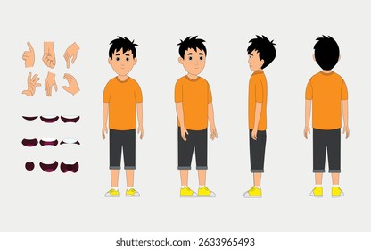 kids boy character constructor for animation. Front, side and back view. Body parts and postures collection. Vector illustration.