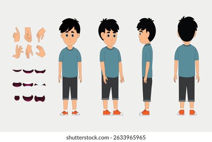 kids boy character constructor for animation. Front, side and back view. Body parts and postures collection. Vector illustration.
