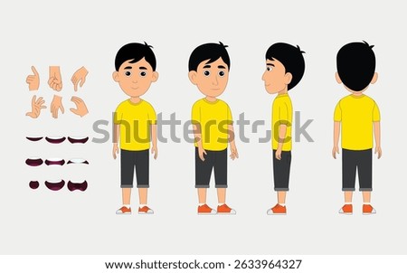 kids boy character constructor for animation. Front, side and back view. Body parts and postures collection. Vector illustration.