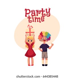Kids, boy in clown wig and red nose, girl holding birthday gift, ,cartoon style invitation, banner, poster, greeting card design. Party invitation, advertisement, Two kids, with clown nose, hair