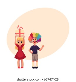 Kids, boy in clown wig and red nose, girl holding birthday gift, cartoon vector illustration with space for text. Two kids, boy and girl, at birthday party, with clown nose, hair and gift