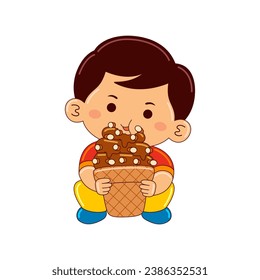 kids boy eating dessert vector illustration