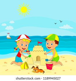 kids, boy and girl build sand castle on the summer background,illustration,vector