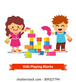 Kids, Boy And Girl Building Tower With Colorful Wooden Blocks. Flat Style Cartoon Vector Illustration Isolated On White Background.