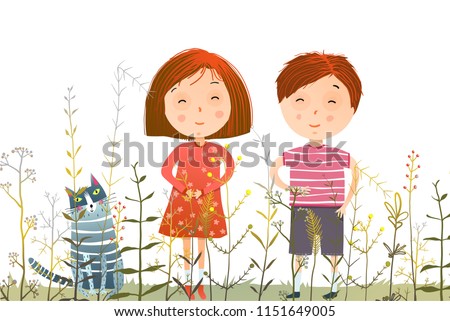 Kids Boy Girl and Cat in Grass field. Young kids and domestic cat in the grass cartoon. Vector illustration.