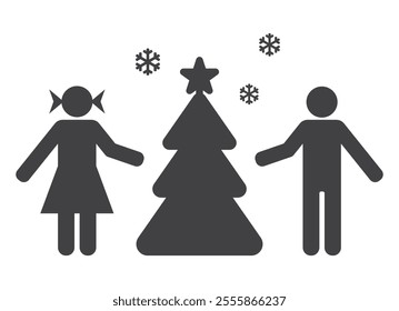 Kids boy and girl with christmas fir tree icon