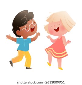 Kids Boy and Girl Dancing and Having Fun Together. Playful children cartoon, lively funny little girl and boy character design. Vector little child illustration clip art for kids.