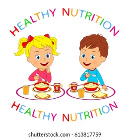 kids, boy and girl are eating,illustration,vector