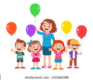 kids boy and girl holding balloon with teacher