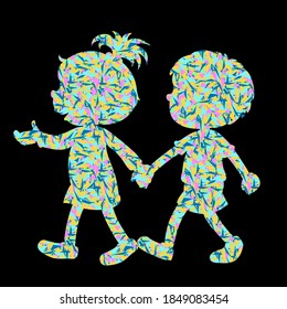 Kids boy and girl holding their hands colorful vector illustration in retro style for print, t-shirt or digital web site.