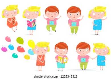 Kids Boy and Girl Isolated Clip Art Collection. Colorful childish character boy and girl graphics. Vector illustration.