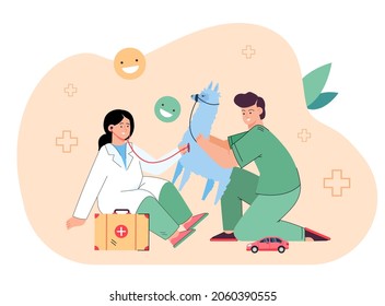 Kids boy and girl in medical uniform treating and examining toy lama. Cute children playing doctor and having fun flat vector illustration. Healthy lifestyle, role play concept