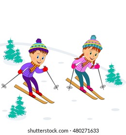 kids, boy and girl on skiing, illustration, vector