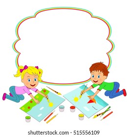 kids, boy and girl painting and frame, illustration, vector
