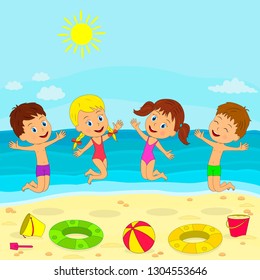 kids, boy and girl play and jump on the summer beach ,illustration,vector